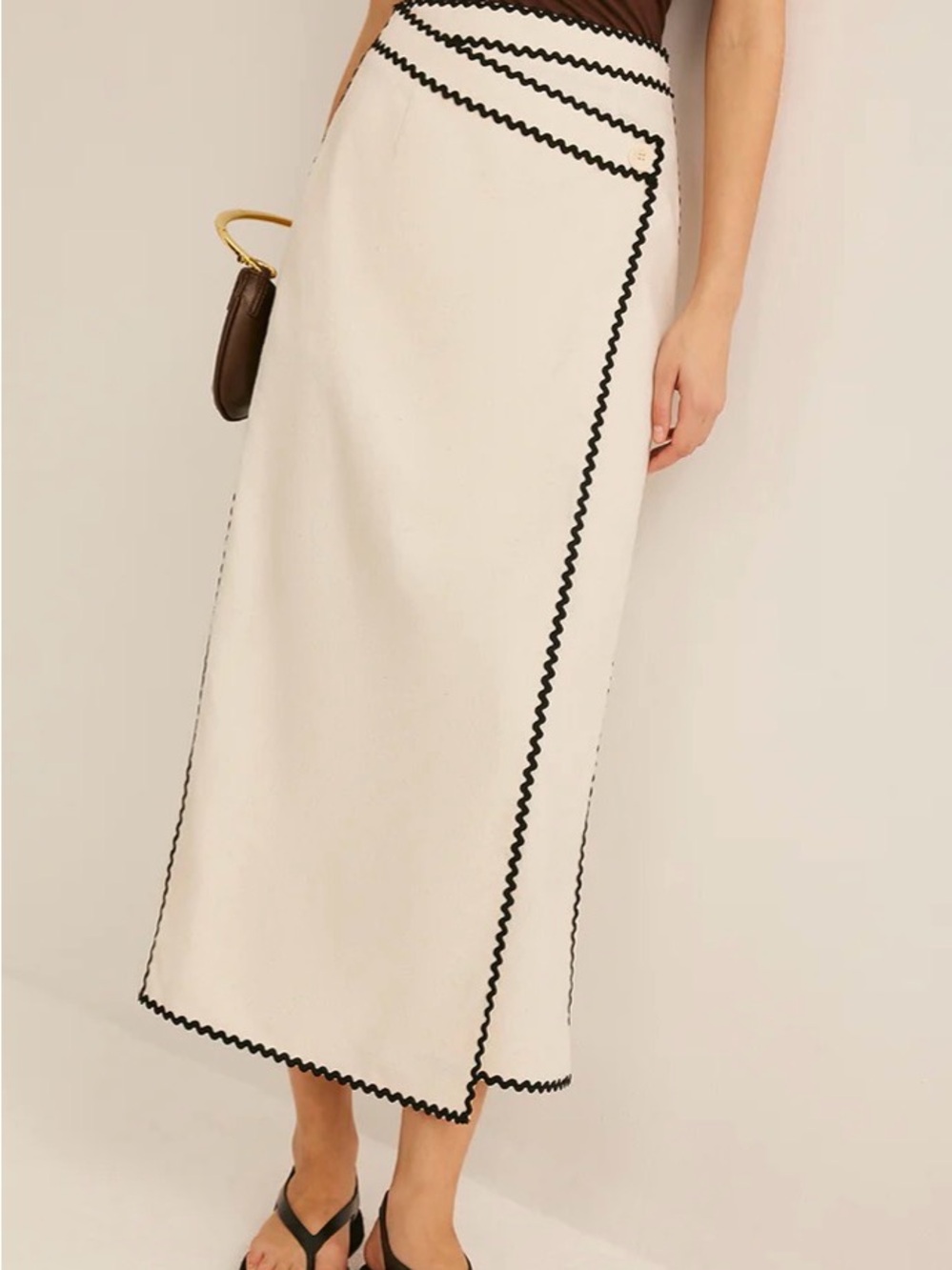 Commense Cotton & Linen Wave Trim Midi Skirt